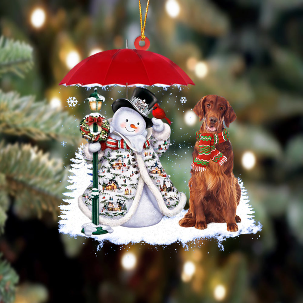 Irish Setter With Snowman Christmas Ornament