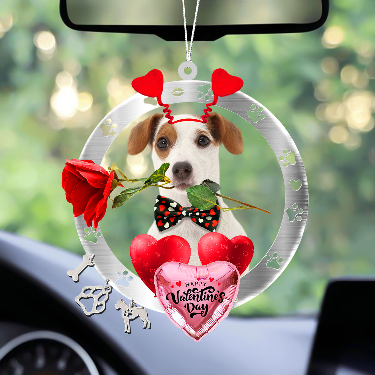Jack Russell Terrier With Rose & Heart Balloon Ornament
