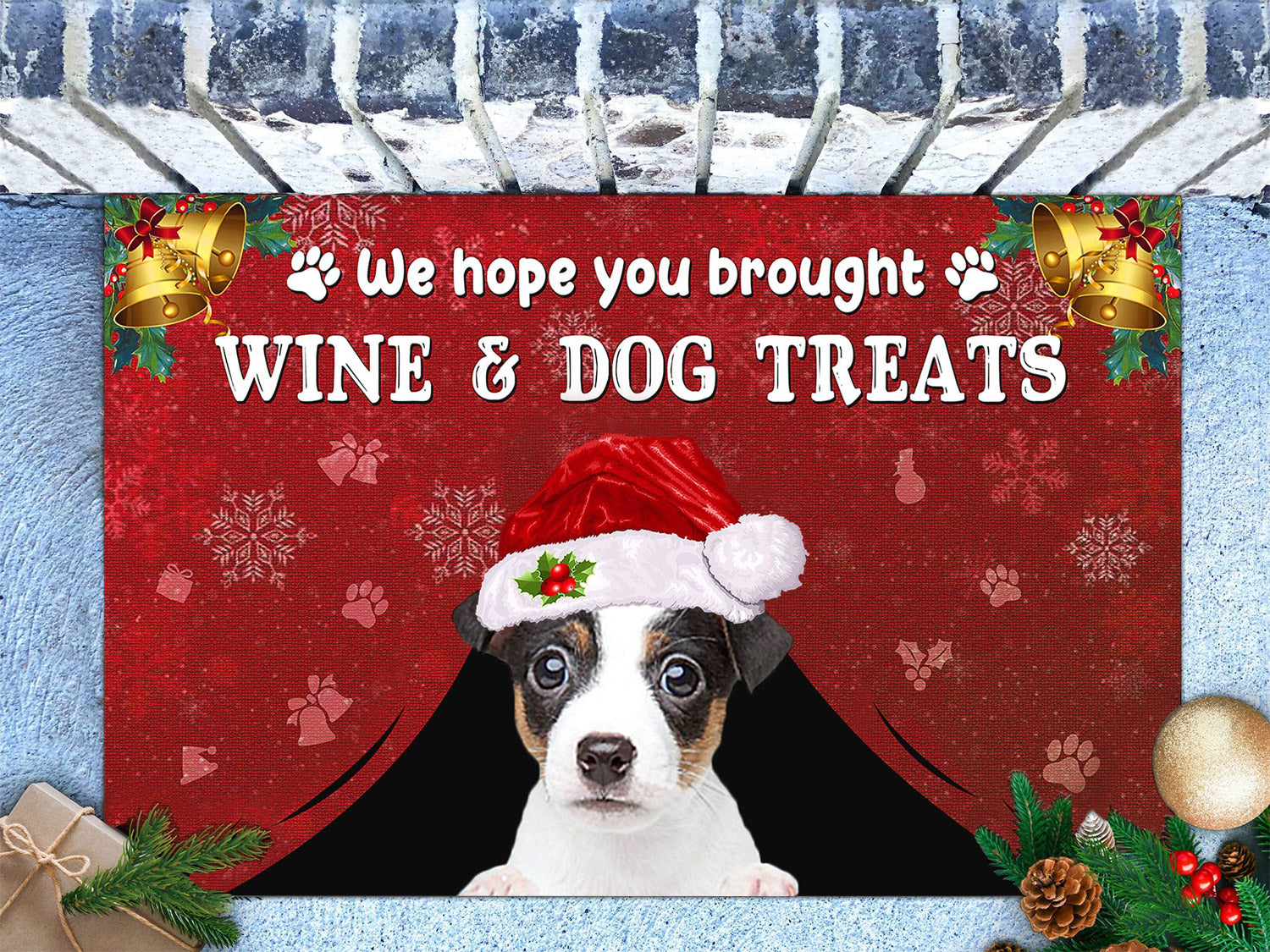 Jack Russell Terrier Wine & Dog Treats Christmas Doormat