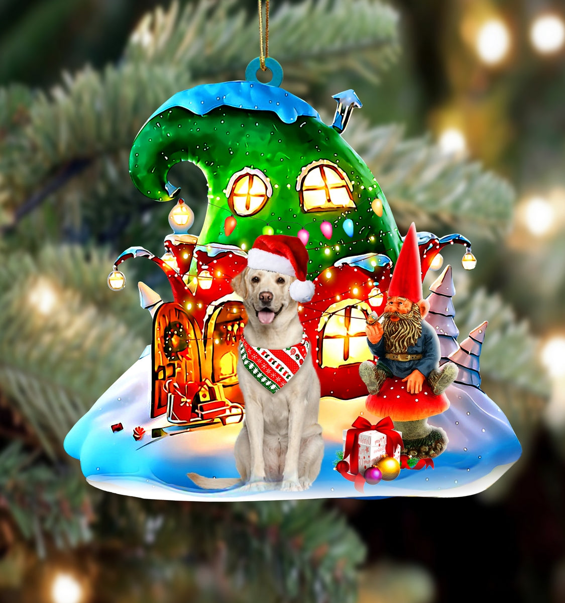 Labrador Retriever With Rudolph's House Christmas Ornament