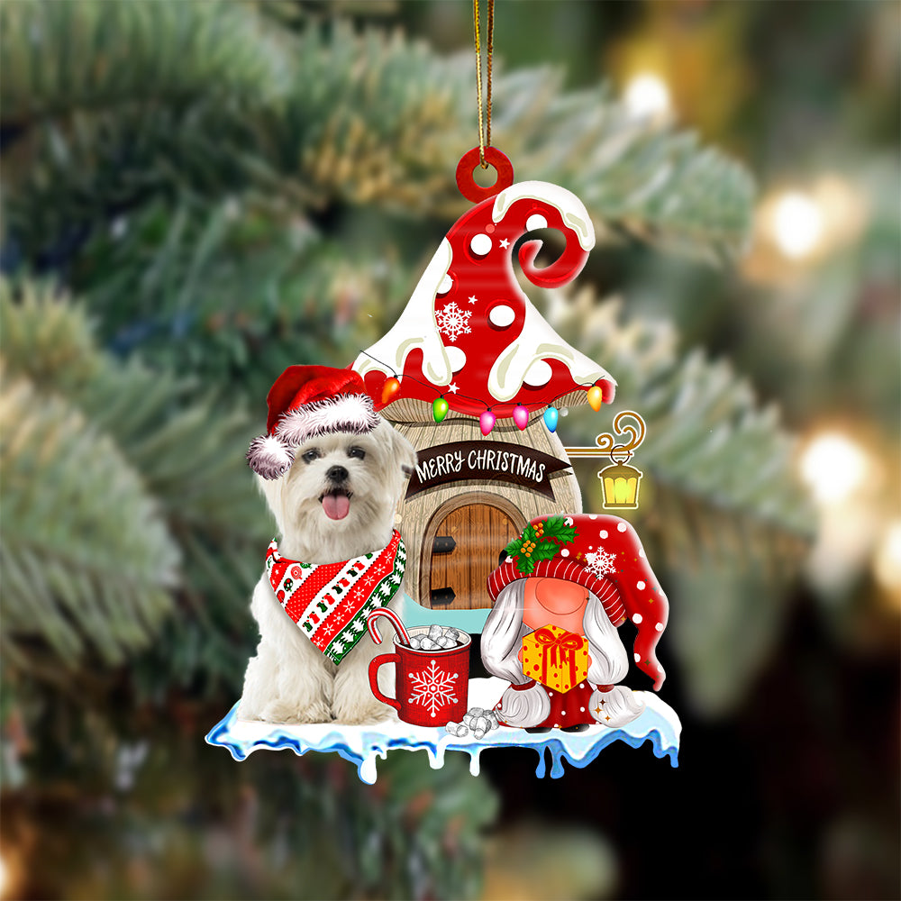 Maltese With Mushroom House Christmas Ornament