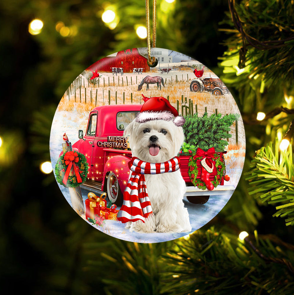 Maltese With Red Truck Christmas Ornament (porcelain)