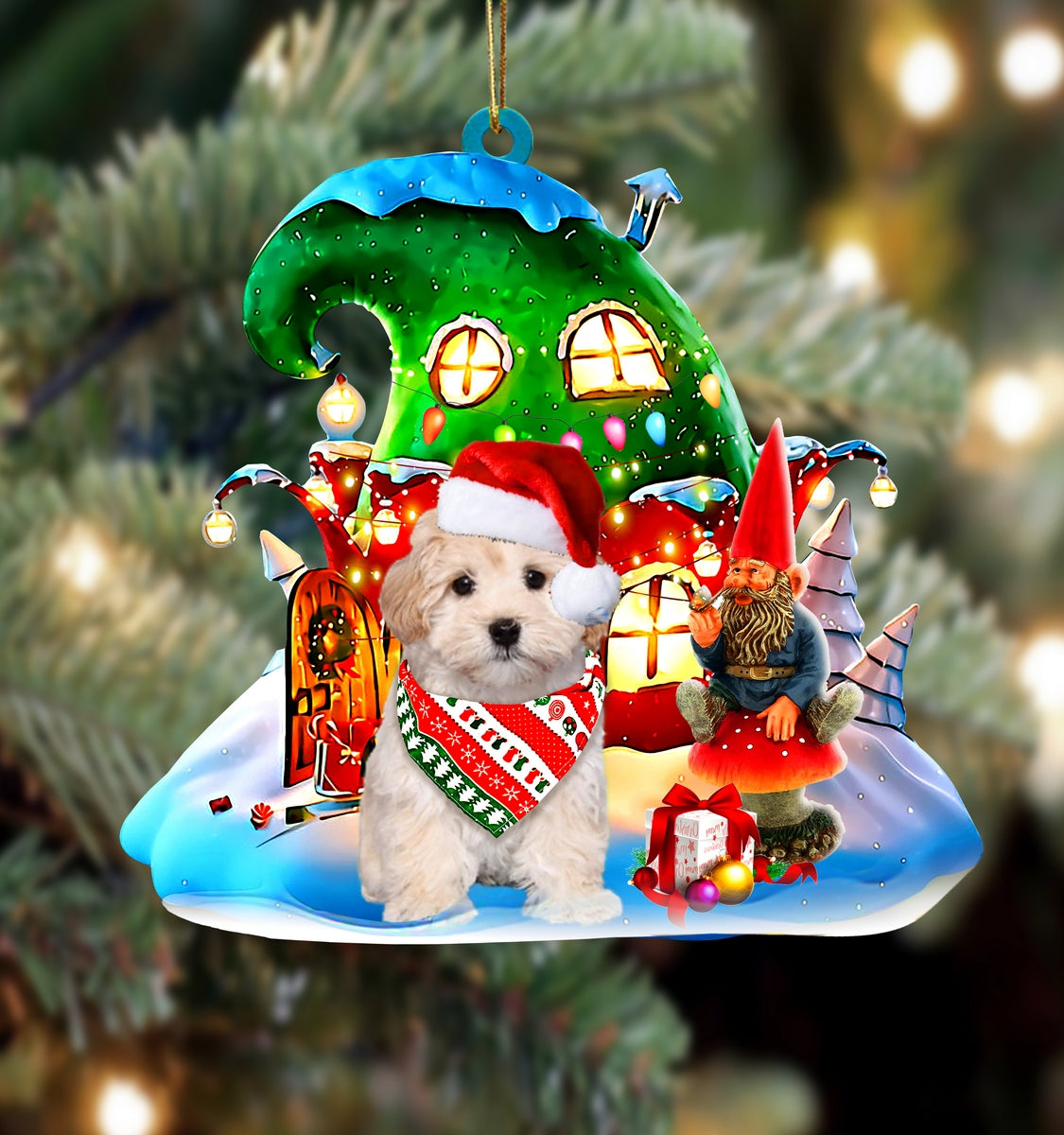 Maltipoo With Rudolph's House Christmas Ornament