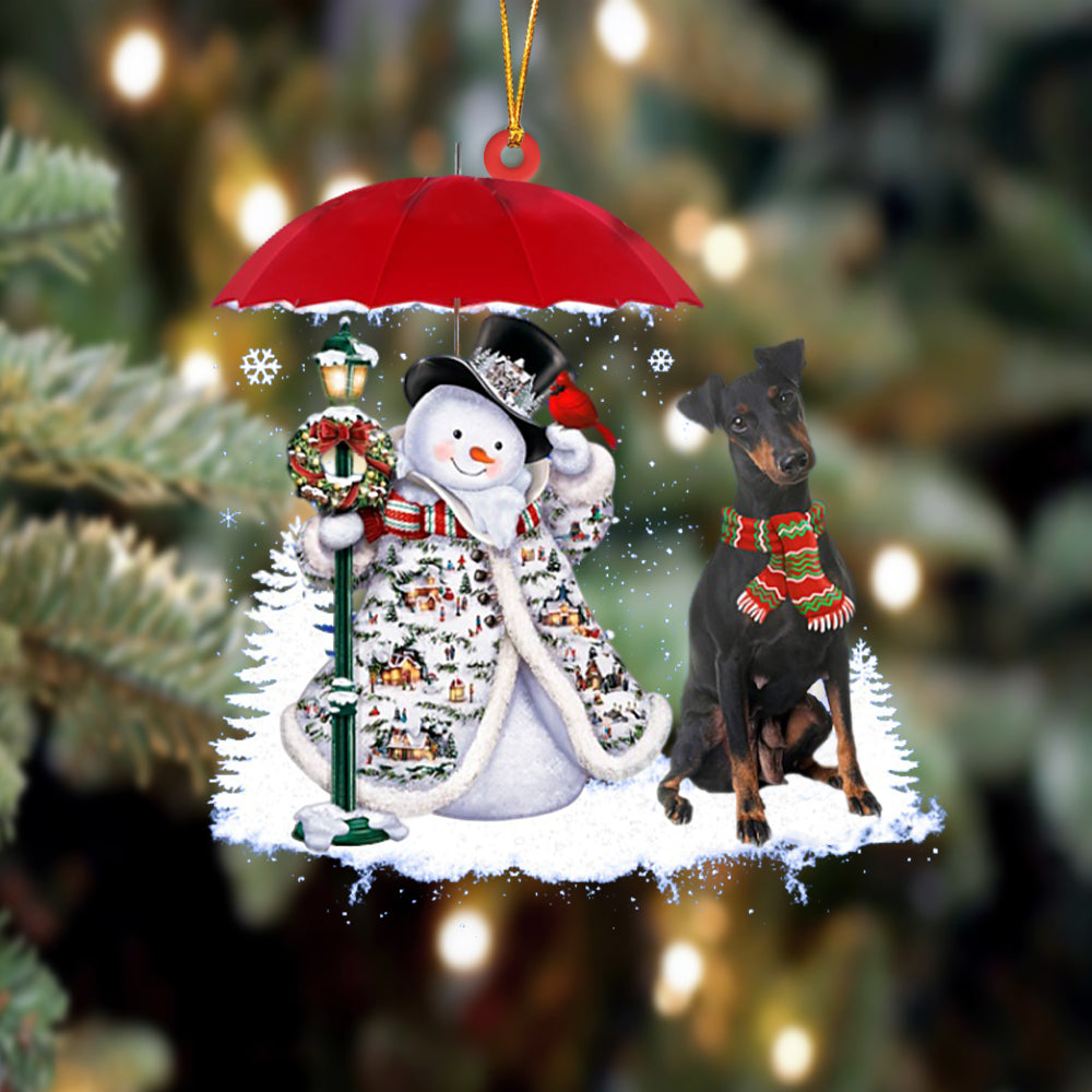Manchester Terrier With Snowman Christmas Ornament