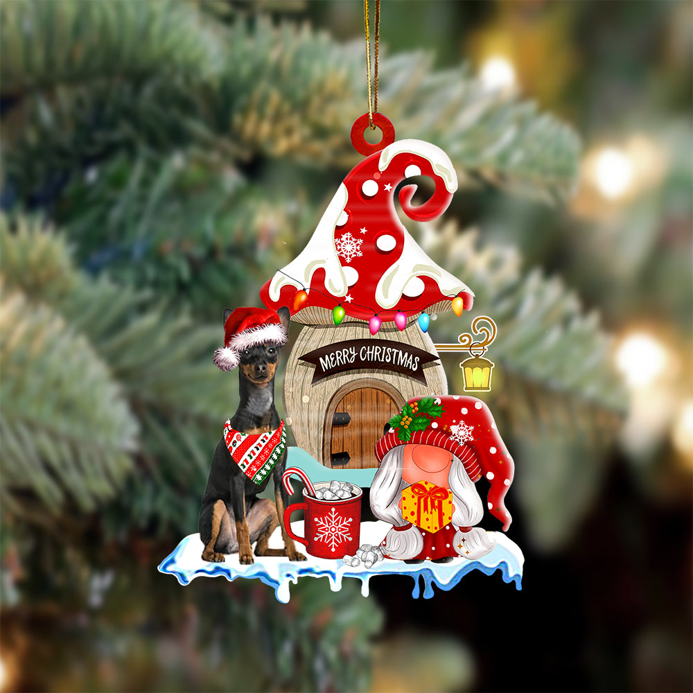 Miniature-Pinscher With Mushroom House Christmas Ornament