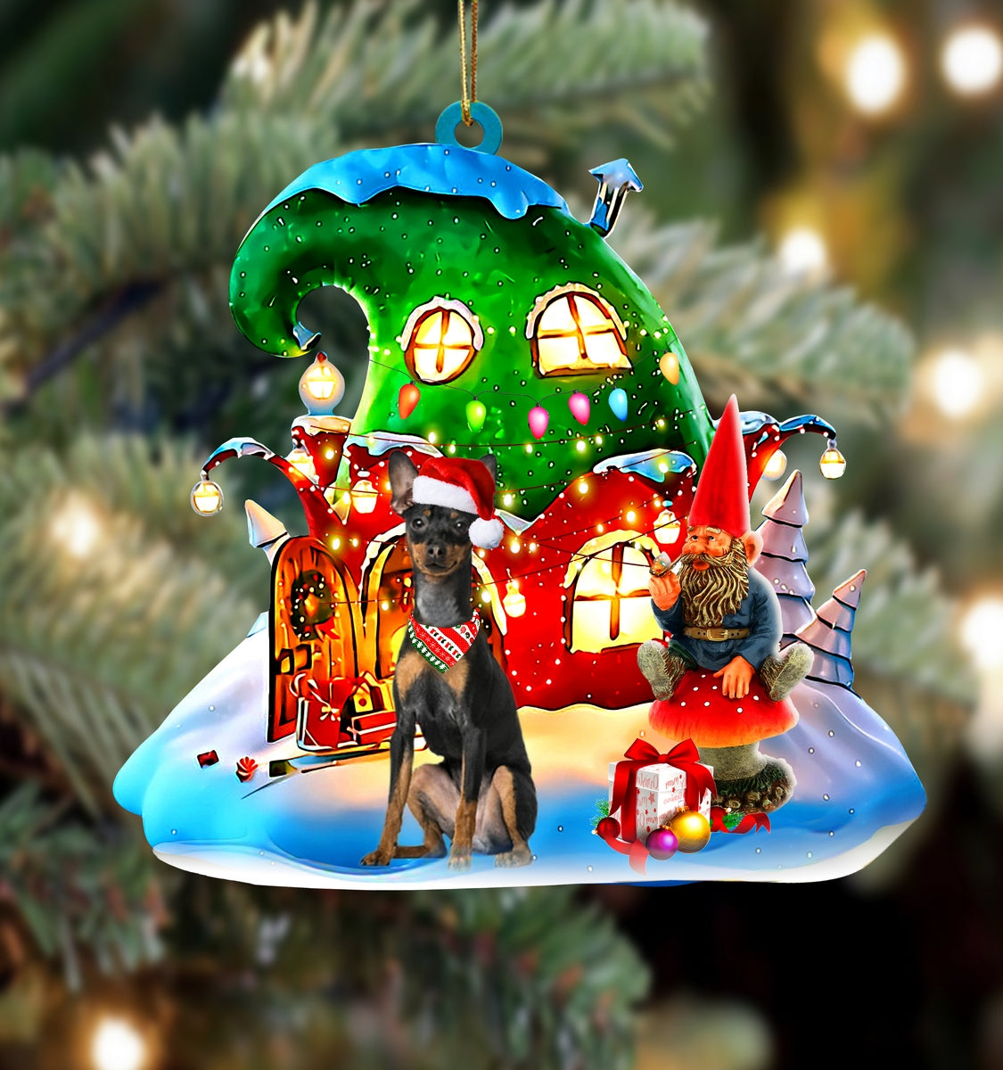 Miniature Pinscher With Rudolph's House Christmas Ornament
