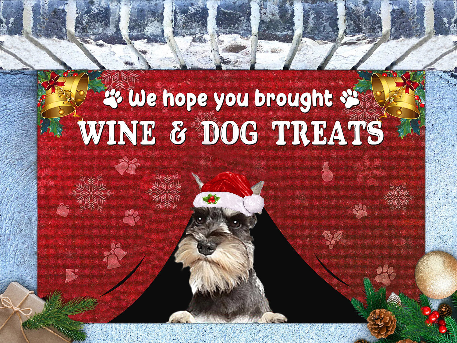 Miniature Schnauzer Wine & Dog Treats Christmas Doormat