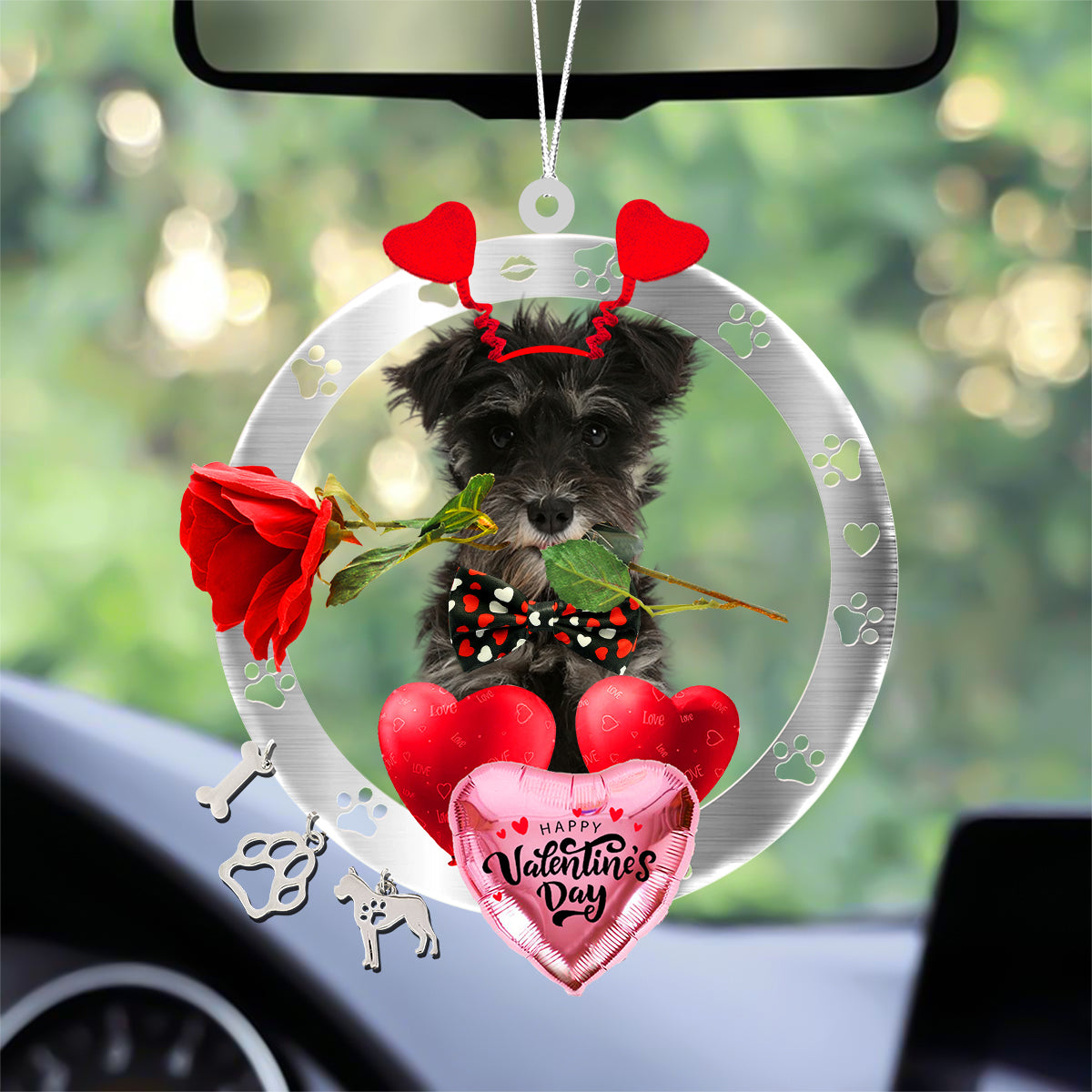 Miniature Schnauzer With Rose & Heart Balloon Ornament