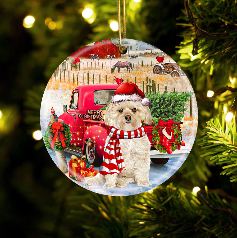 Morkie With Red Truck Christmas Ornament (porcelain)