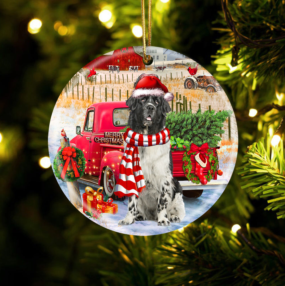 Newfounderland With Red Truck Christmas Ornament (porcelain)