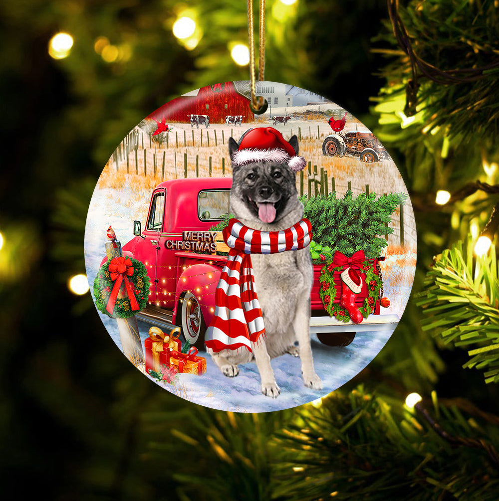 Norwegian Elkhound With Red Truck Christmas Ornament (porcelain)