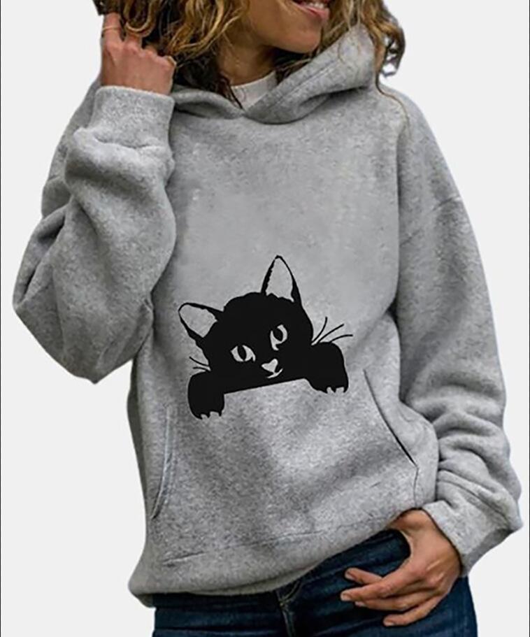 Cute Cat Print Casual Long Sleeve Hoodie