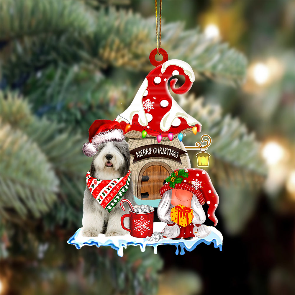 Old-English-Sheepdog With Mushroom House Christmas Ornament