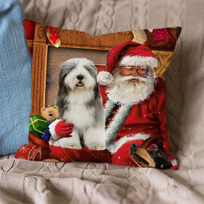 Old English Sheepdog With Santa Pillowcase