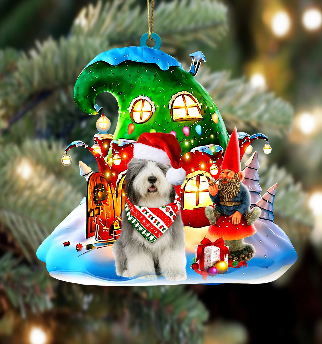 Old English Sheepdog With Rudolph's House Christmas Ornament