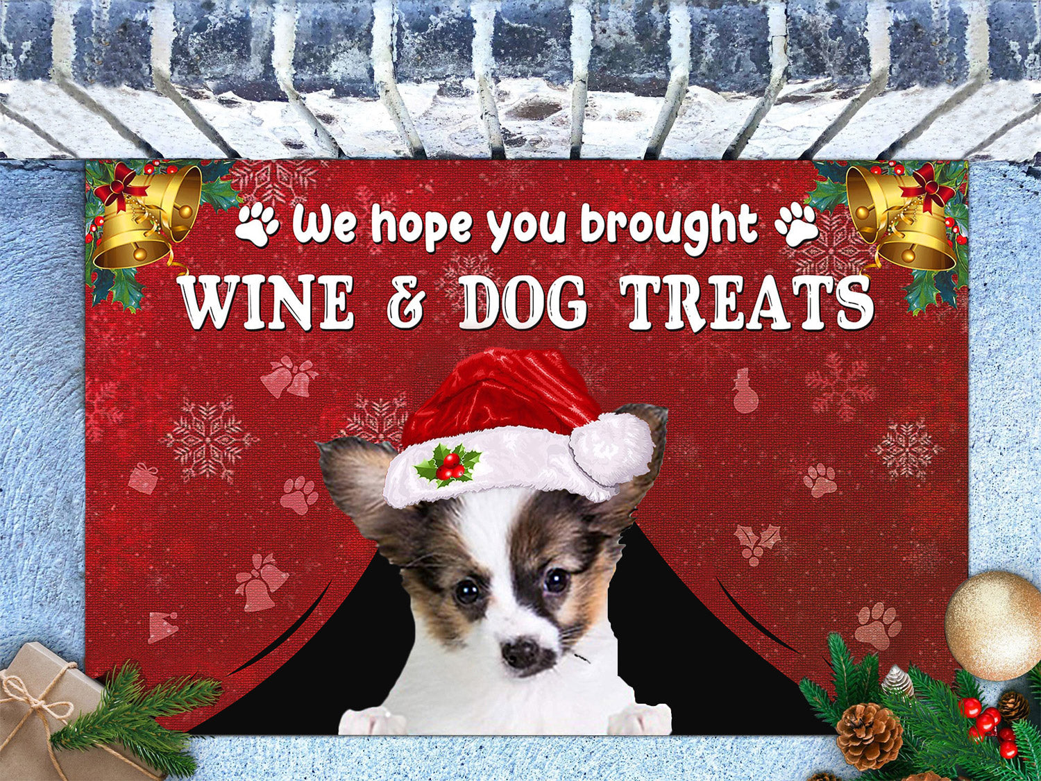 Papillon Wine & Dog Treats Christmas Doormat