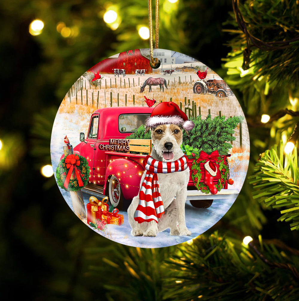 Parson Russell Terrier With Red Truck Christmas Ornament (porcelain)