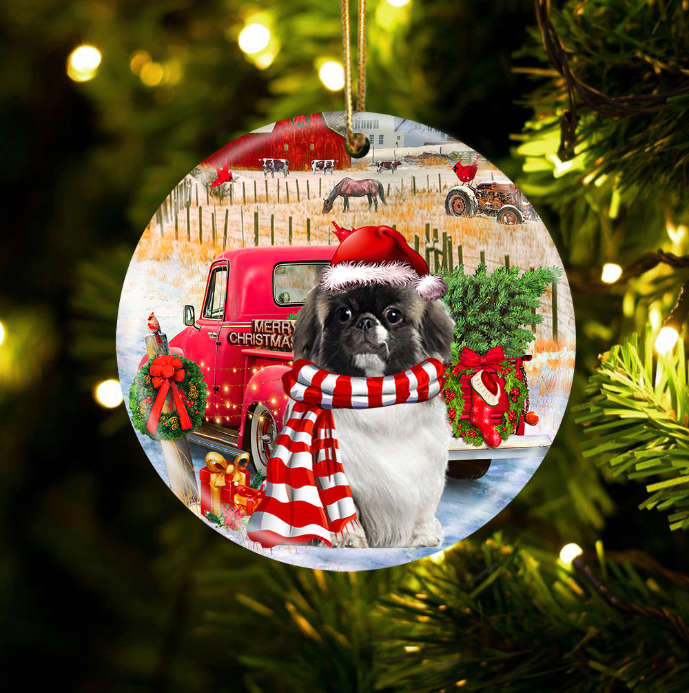Pekingese With Red Truck Christmas Ornament (porcelain)