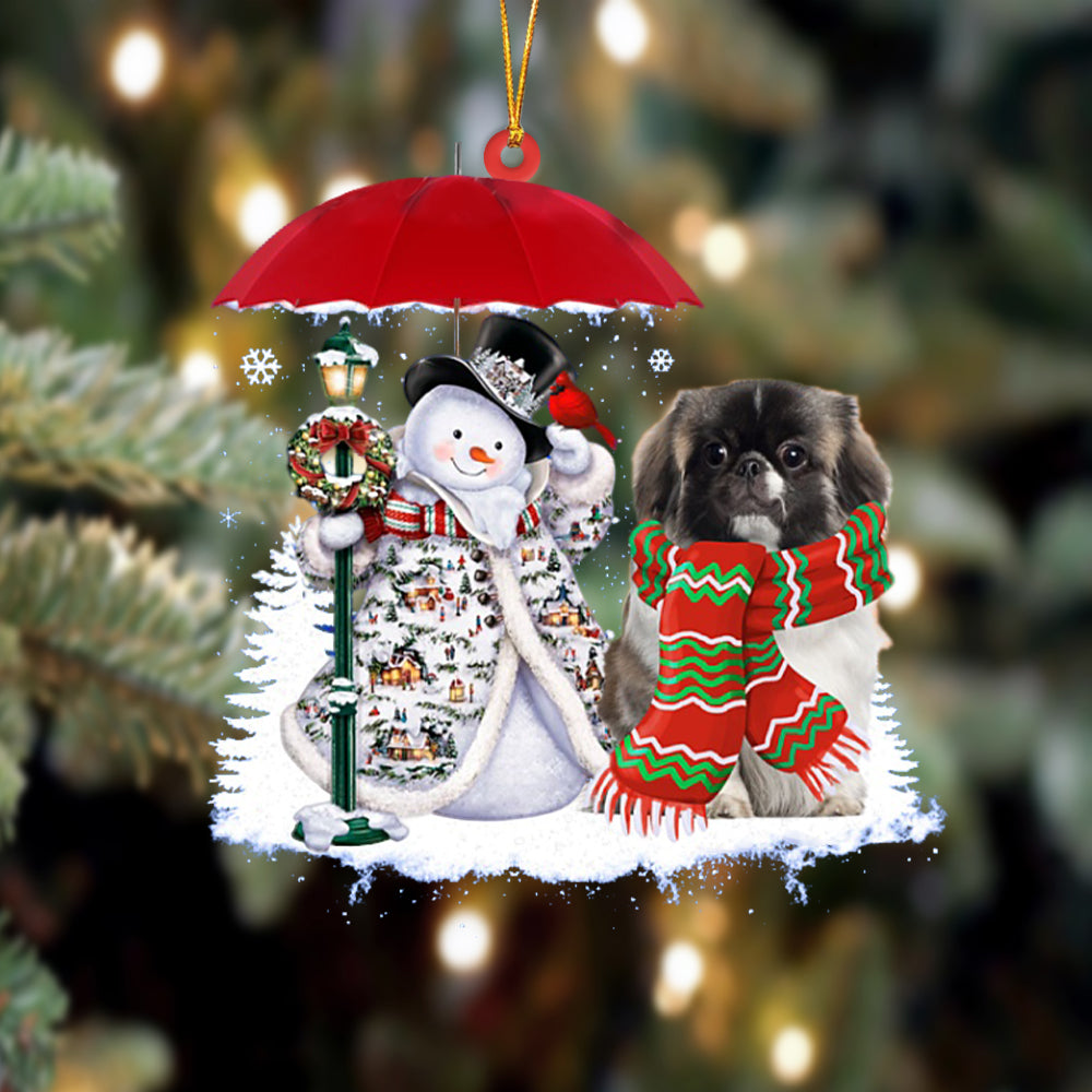 Pekingese With Snowman Christmas Ornament