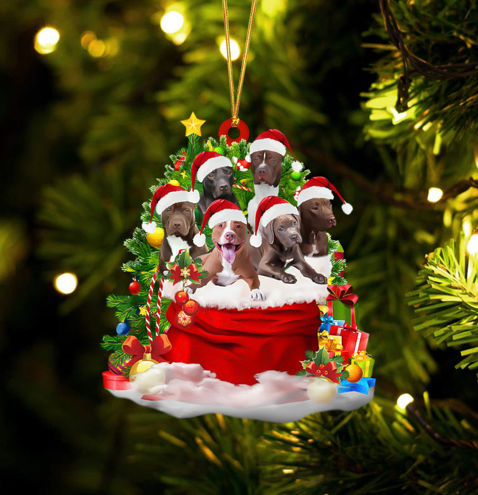 Pit Bull Dogs In A Gift Bag Christmas Ornament