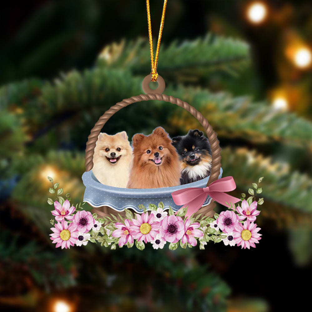 Pomeranian Dogs In The Basket Ornament