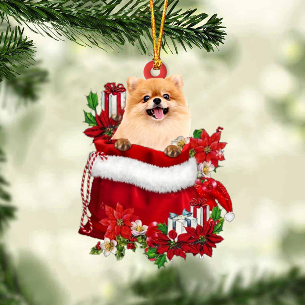 Pomeranian In Gift Bag Christmas Ornament