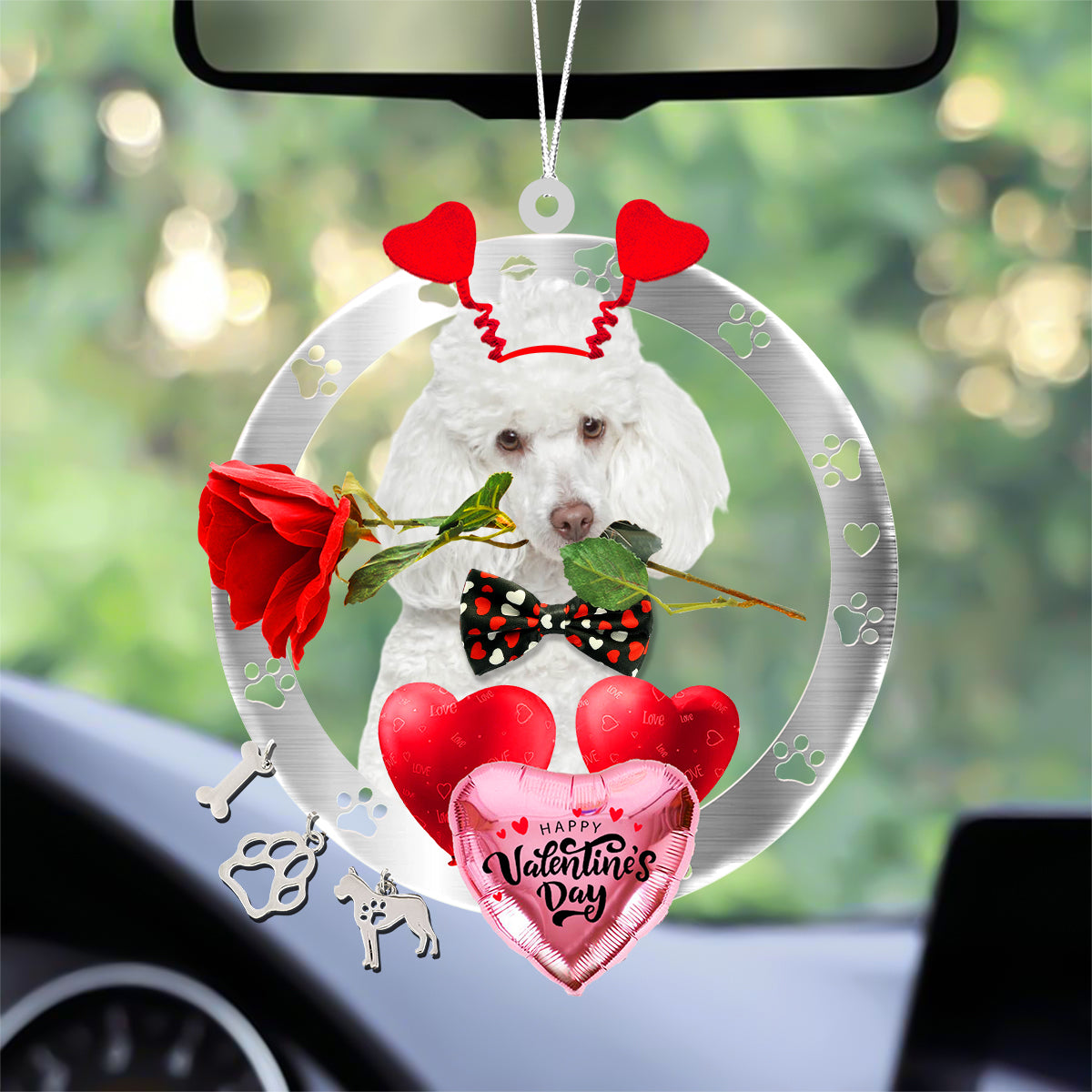 Poodle With Rose & Heart Balloon Ornament