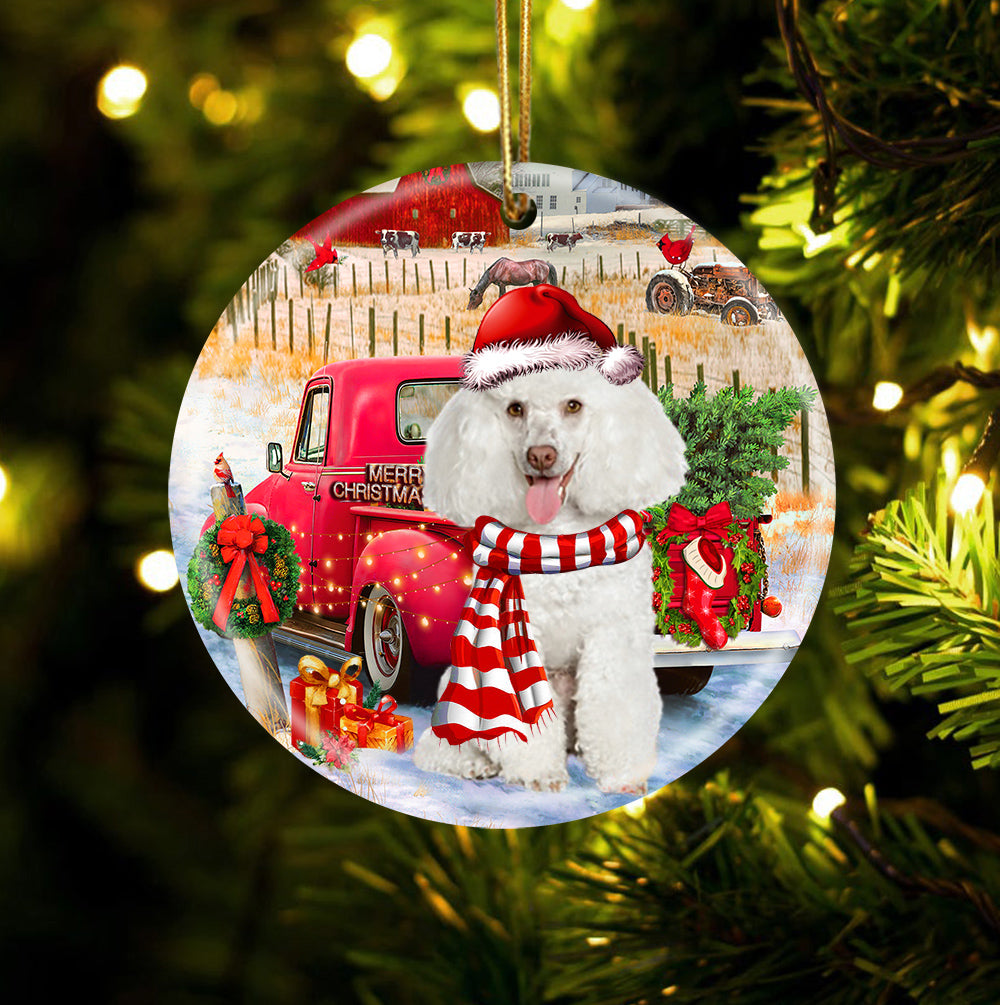 Poodle With Red Truck Christmas Ornament (porcelain)