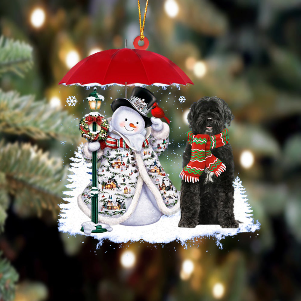 Portuguese Water Dog With Snowman Christmas Ornament