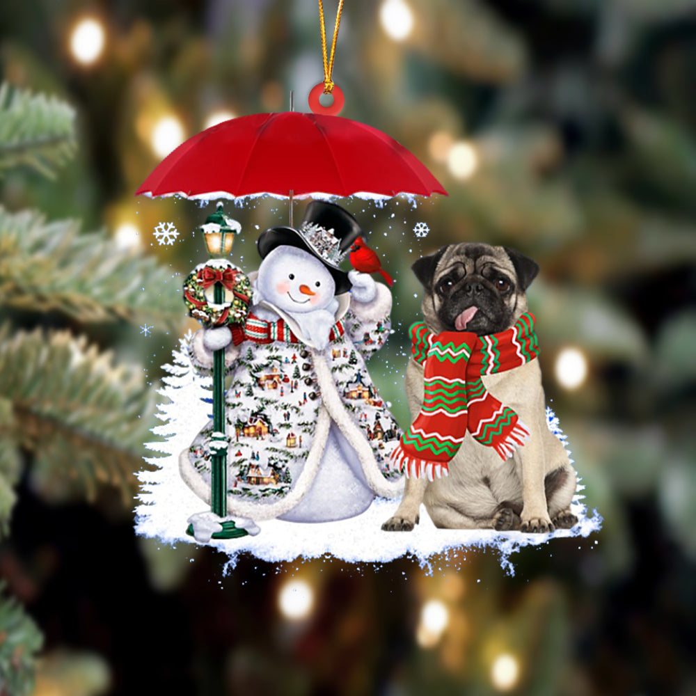 Pug With Snowman Christmas Ornament