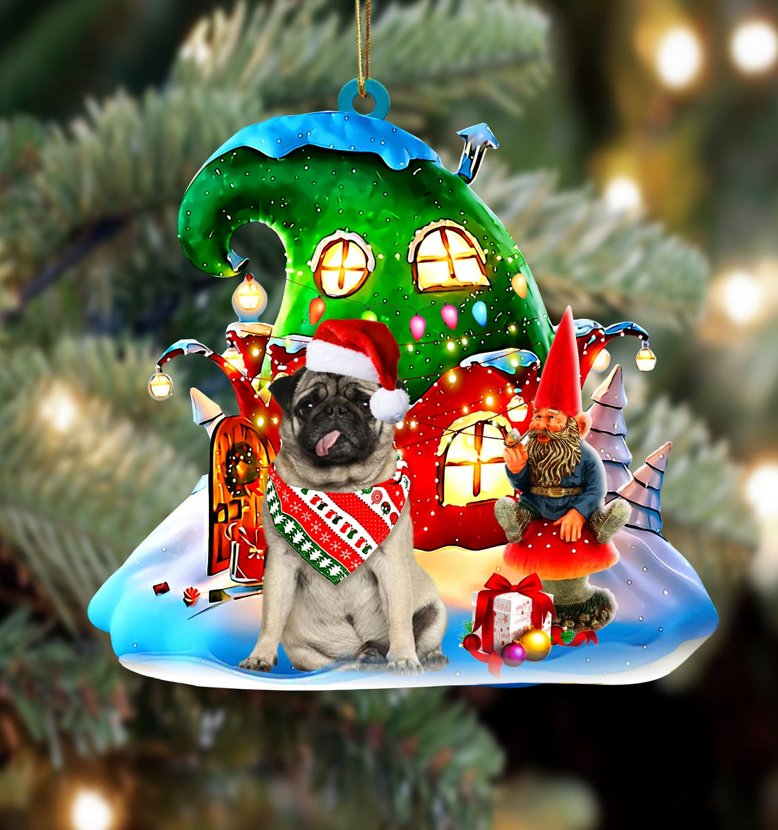 Pug With Rudolph's House Christmas Ornament