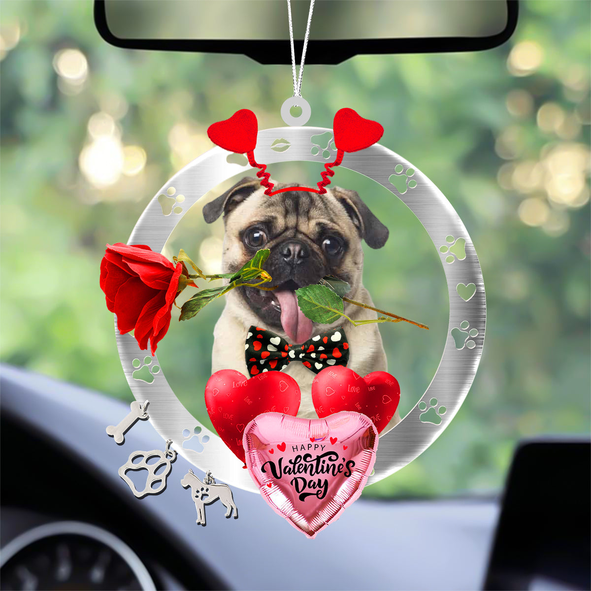 Pug With Rose & Heart Balloon Ornament