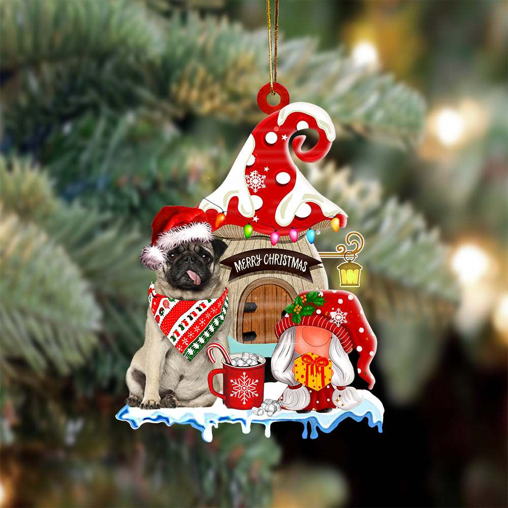 Pug With Mushroom House Christmas Ornament