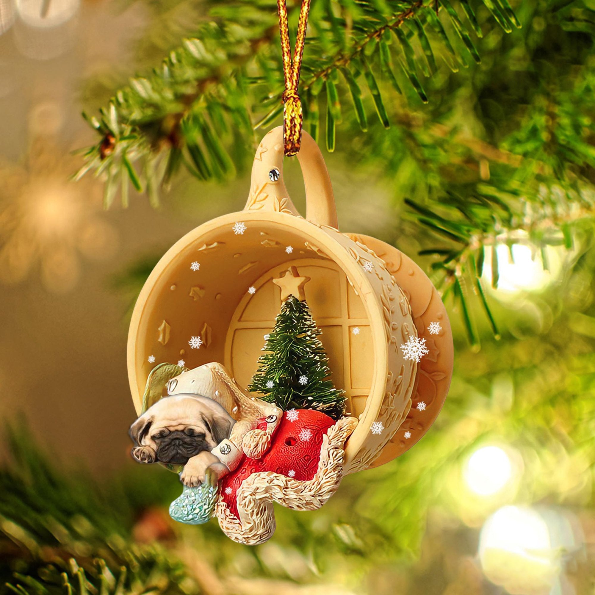 Pug Sleeping In A Cup Christmas Ornament
