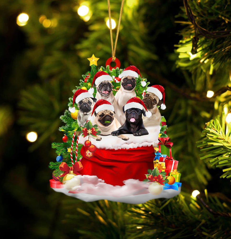 Pug Dogs In A Gift Bag Christmas Ornament