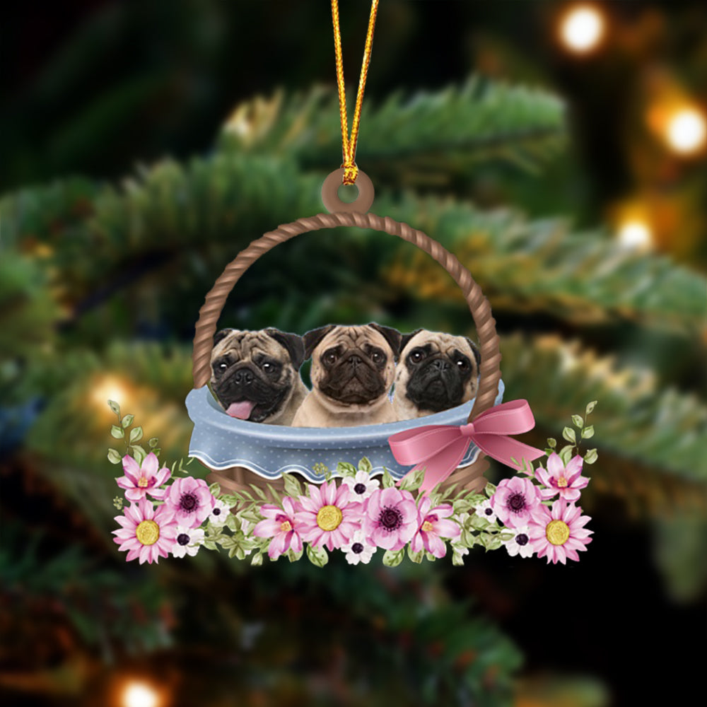 Pug Dogs In The Basket Ornament
