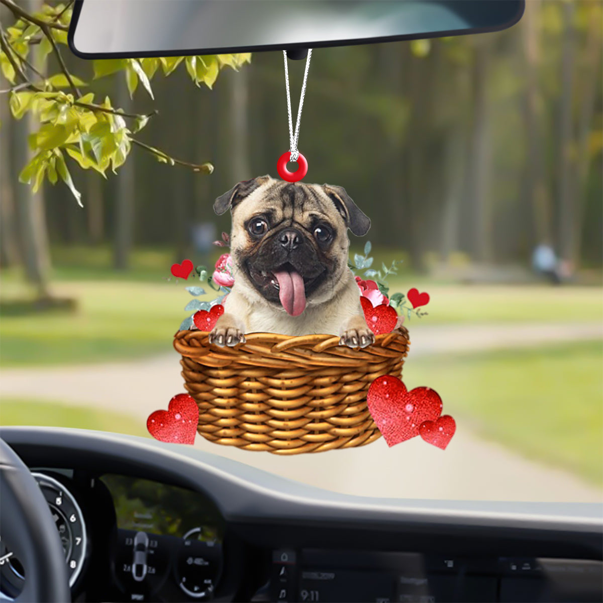 Pug With Rose & Heart Ornament