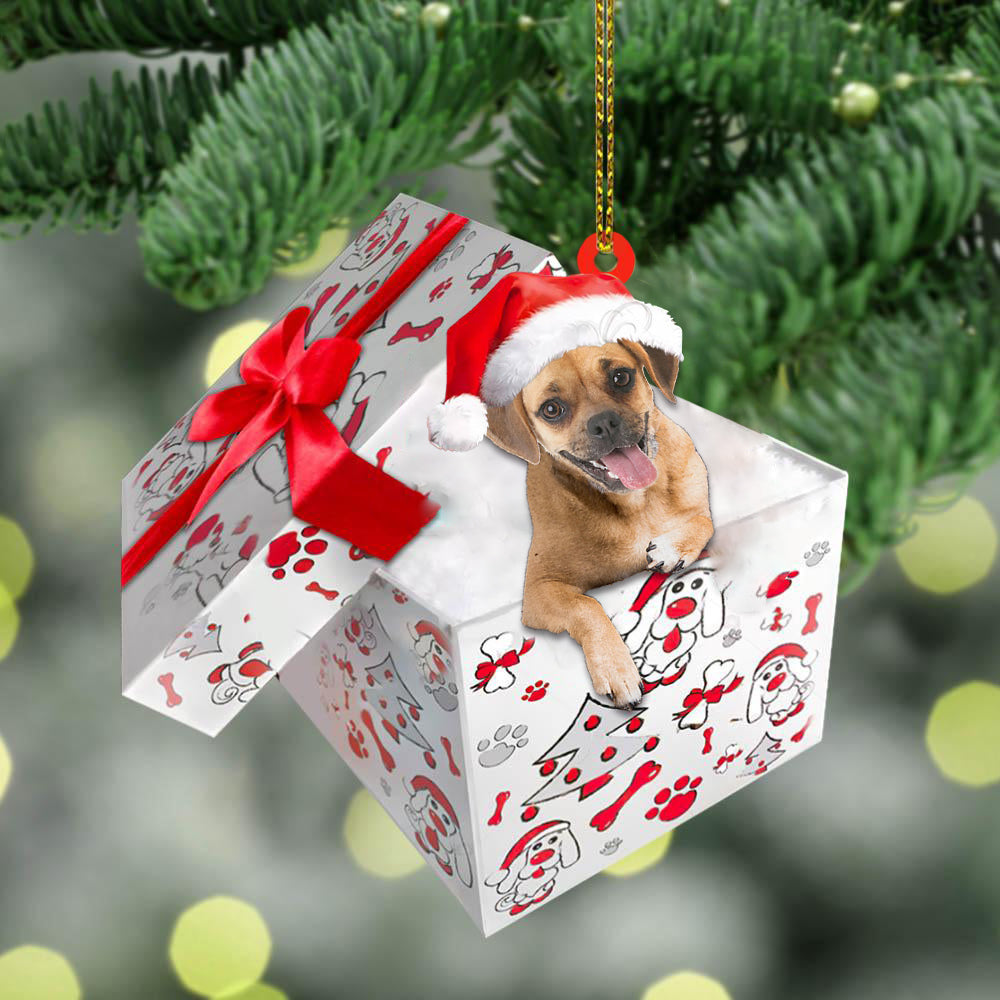 Puggle In Gift Box Christmas Ornament