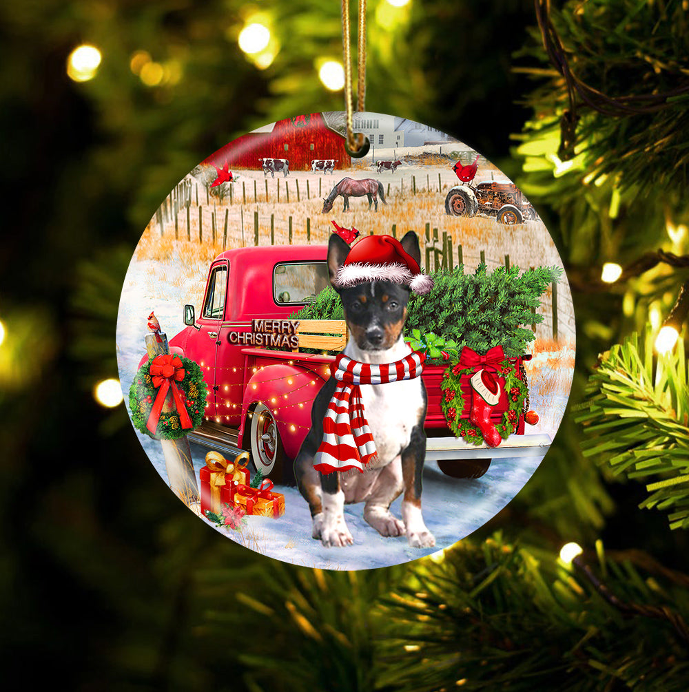 Rat Terrier With Red Truck Christmas Ornament (porcelain)