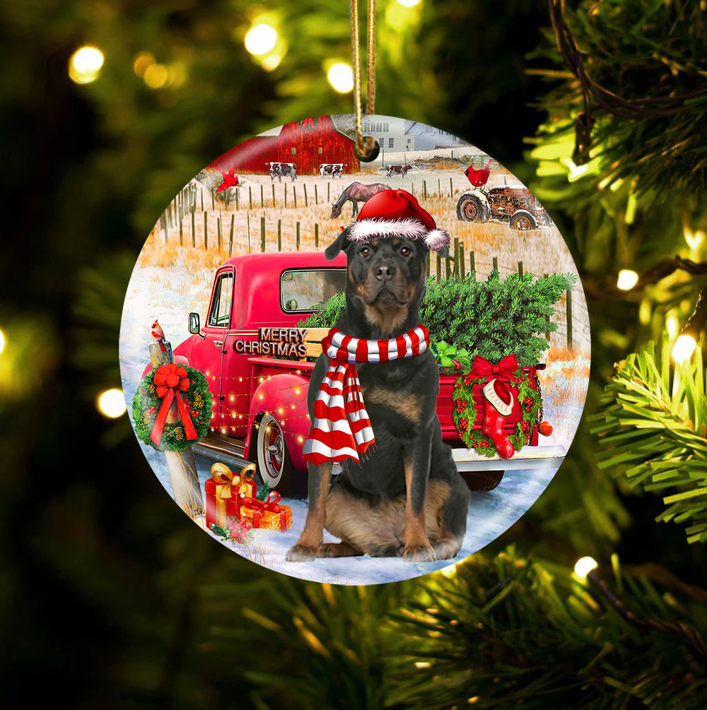Rottweiler 2 With Red Truck Christmas Ornament (porcelain)