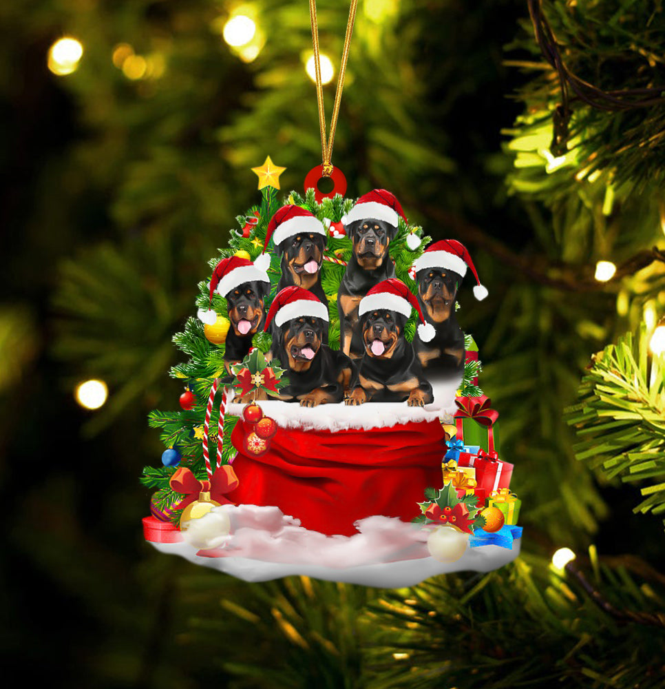 Rottweiler Dogs In A Gift Bag Christmas Ornament