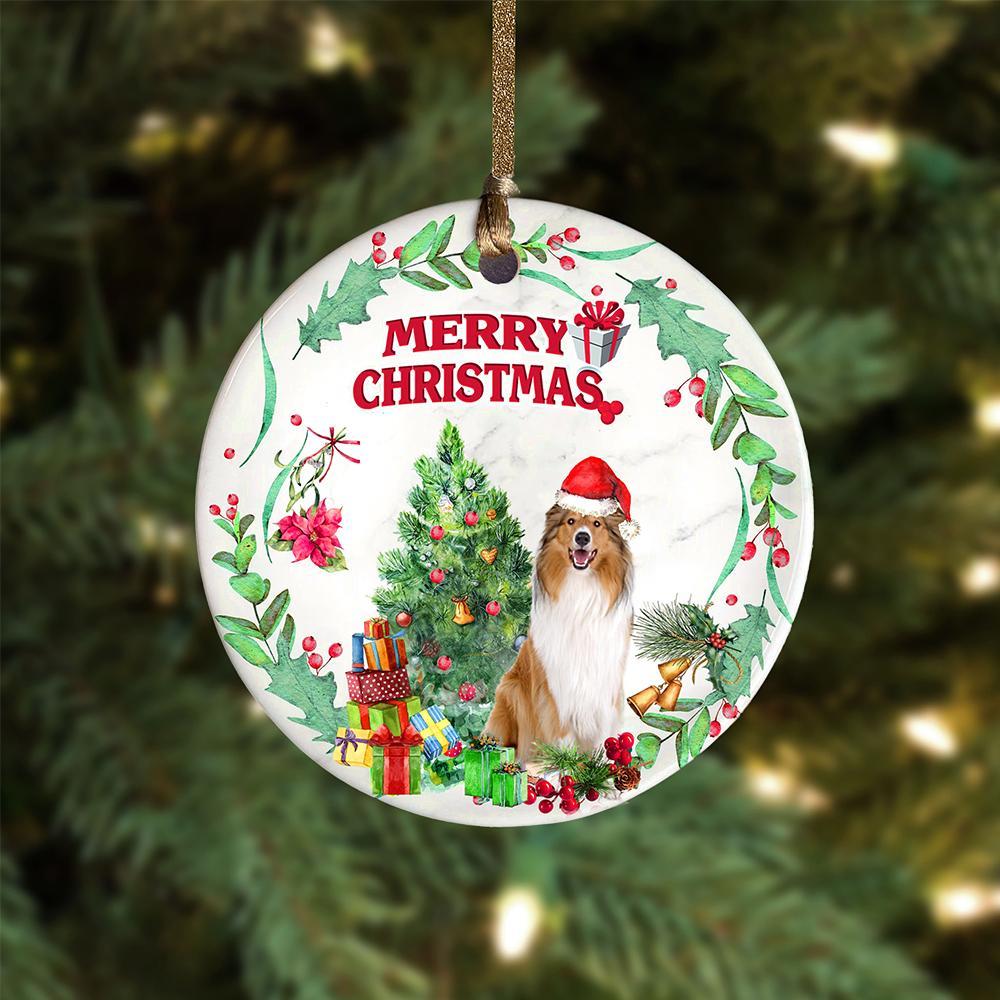 Rough-Collie Tree Merry Christmas Ornament (porcelain)