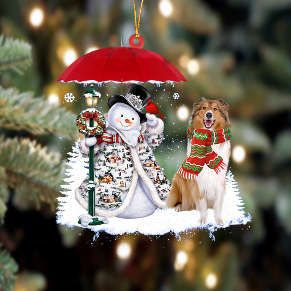 Rough Collie With Snowman Christmas Ornament
