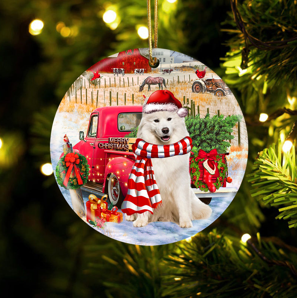 Samoyed With Red Truck Christmas Ornament (porcelain)