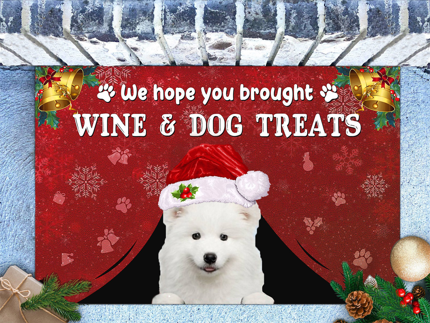 Samoyed Wine & Dog Treats Christmas Doormat
