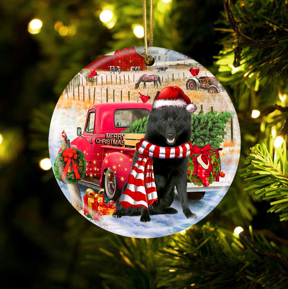 Schipperke With Red Truck Christmas Ornament (porcelain)