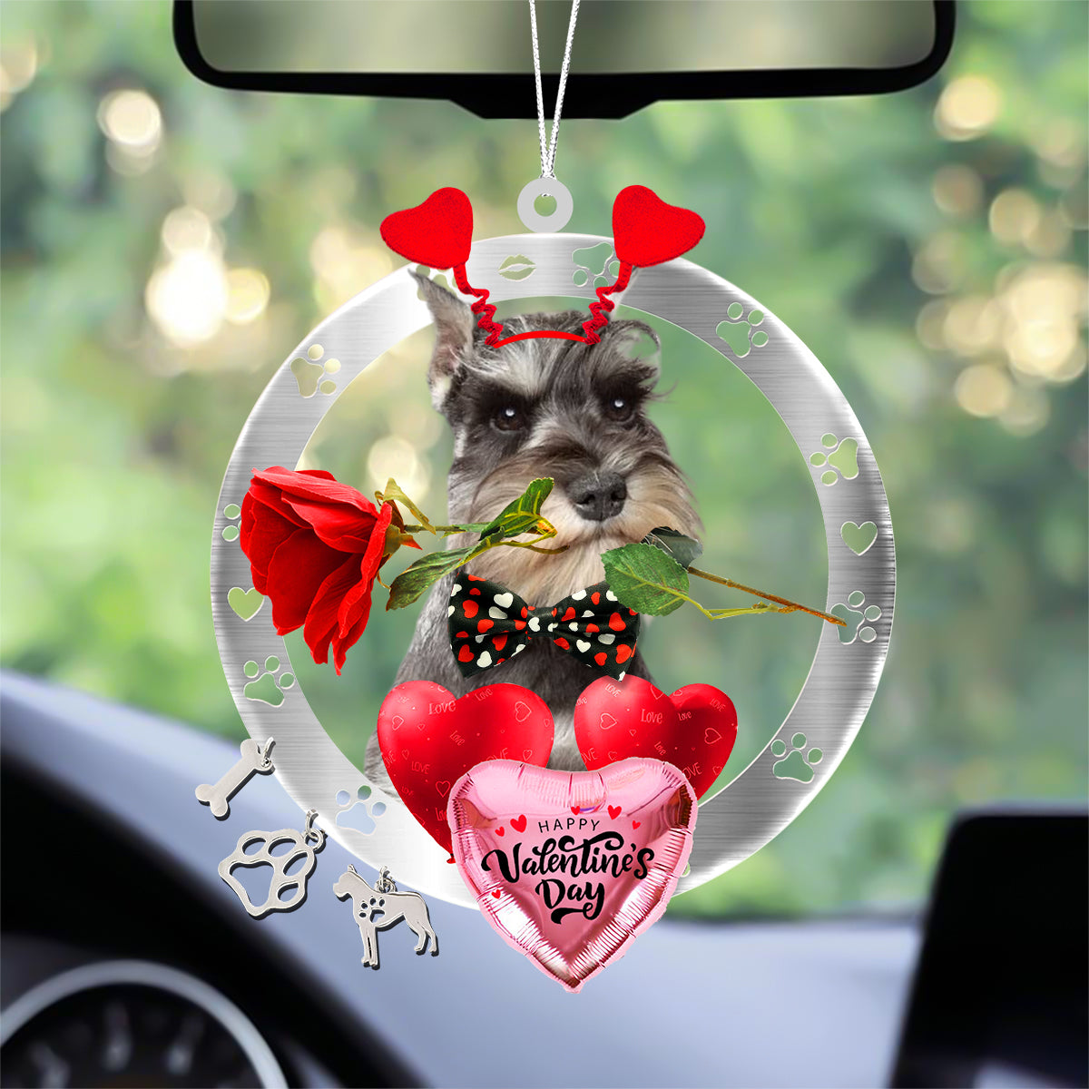 Schnauzer With Rose & Heart Balloon Ornament