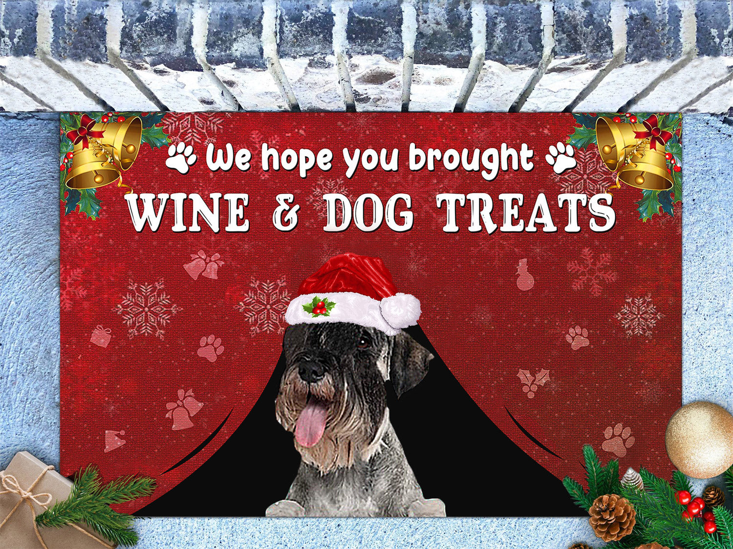 Schnauzer Wine & Dog Treats Christmas Doormat