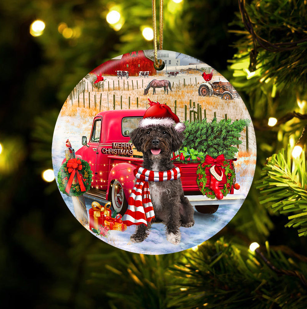 Schnoodle With Red Truck Christmas Ornament (porcelain)