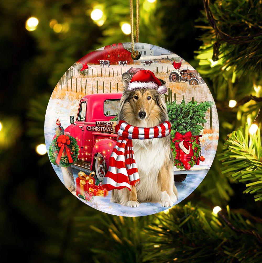 Scotch Collie With Red Truck Christmas Ornament (porcelain)